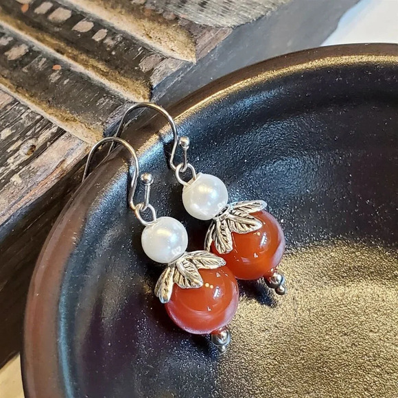 Handcrafted Red Carnelian Gemstone White Faux Pearl Silver Dangle Earrings - Picture 4 of 9